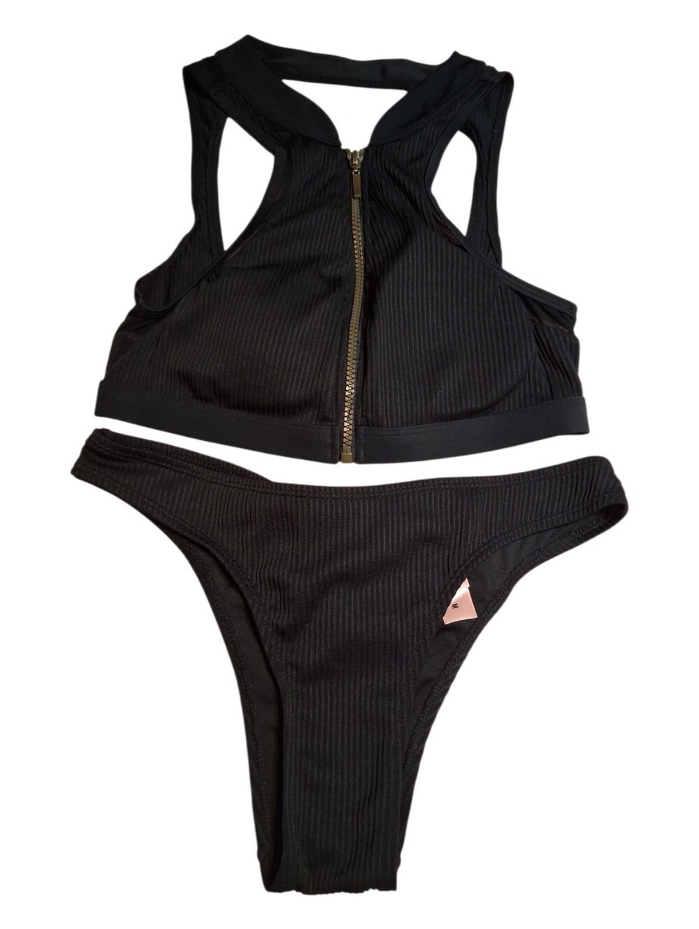Hunkemöller Black Ribbed Bikini Set High Neck Zip Front High Cut Bottoms Size M